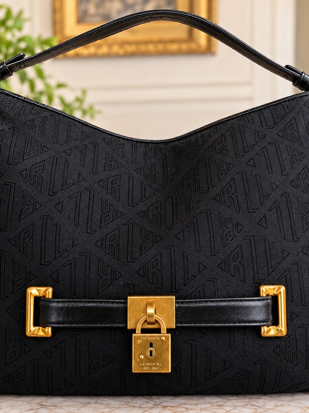 Lauren Ralph Lauren Black Monogram Hobo Bag with Gold Lock